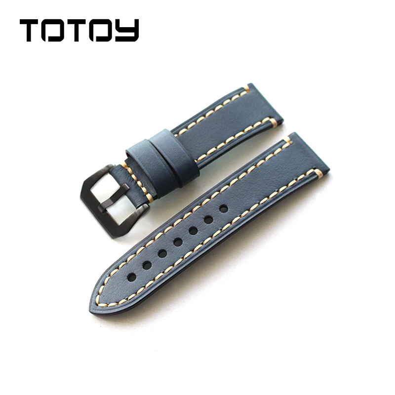 TOTOY Ремешки для наручных часов из коровьей кожи, 20 мм 22 мм 23 мм 24 мм 26 мм мягкий Ретро мужской ремешок, темно-синий ремешок для часов, 23 мм кожаный ремешок - Цвет ремешка: Black  clasp