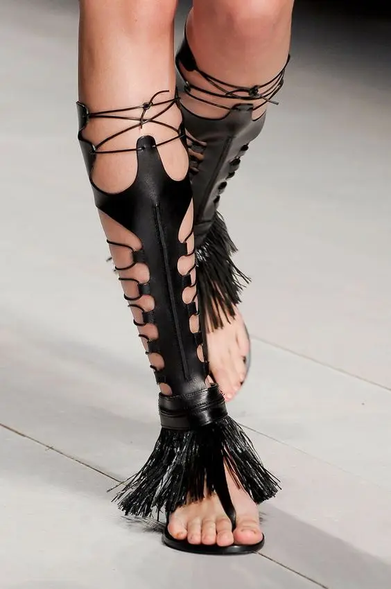 Красочные fringe sandali tacchi Алты gladiatore donne stivali di pelle serpente на шнуровке delle scarpe signo | Обувь