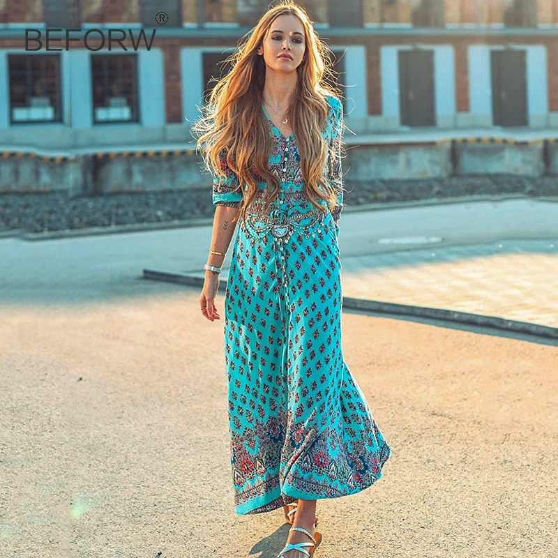 BEFORW Bohemia V-neck Long Maxi Women Dresses Floral Print Ethnic Beach Women's Summer Fashion Split Sexy dress Female Clothing | Женская