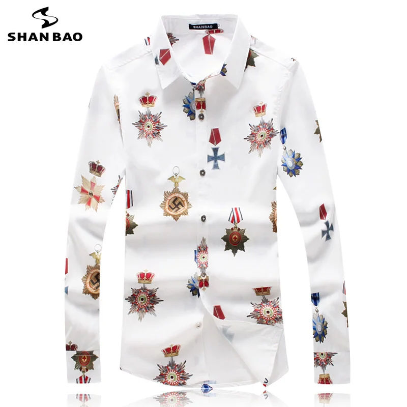 SHANBAO Весенняя Новая модная белая черная Мужская рубашка с длинными рукавами, роскошная Высококачественная Узорчатая рубашка для банкета, свадьбы