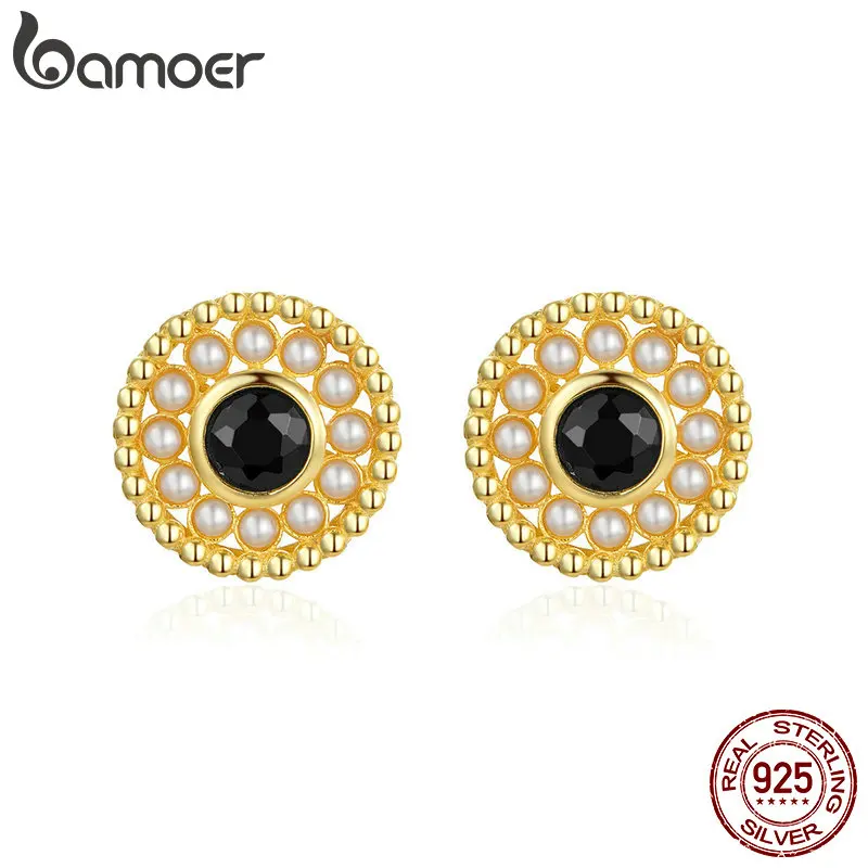 BAMOER, серебро 925 пробы, серьги золотистого цвета, черные серьги-гвоздики из кубического циркония, жемчужные элегантные Винтажные Ювелирные изделия, BSE080