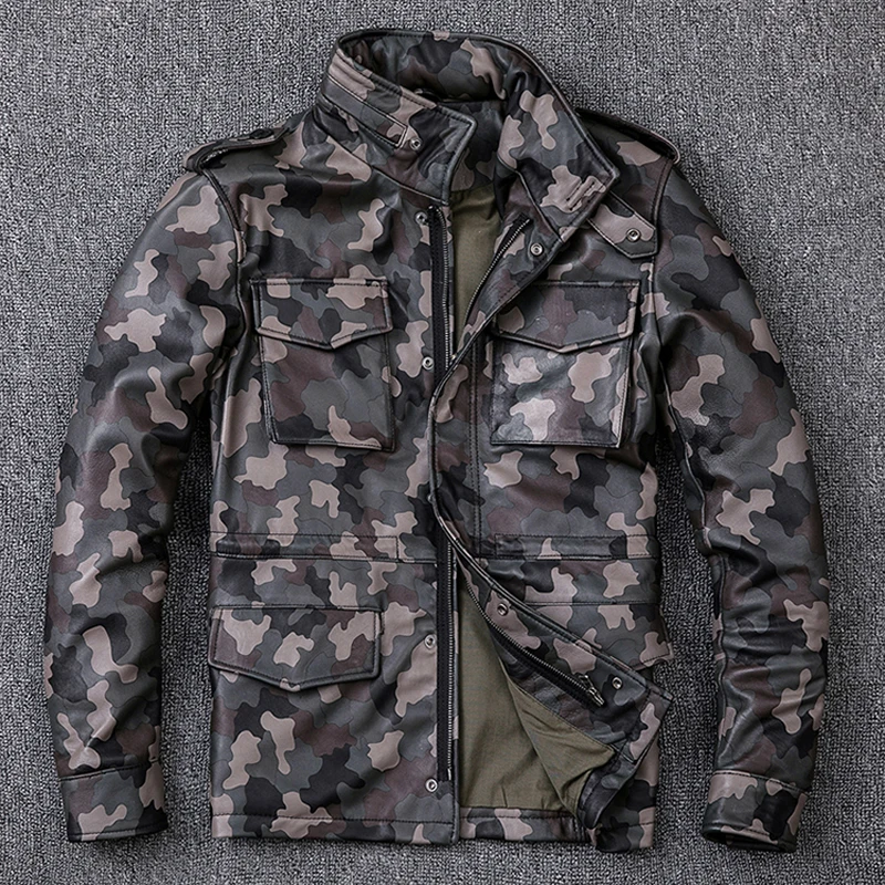 

MAPLESTEED M65 Camouflage Leather Jacket Men Leather Coat 100% Natural Sheepskin Soft Mens Leather Coat Long Autumn Spring M205
