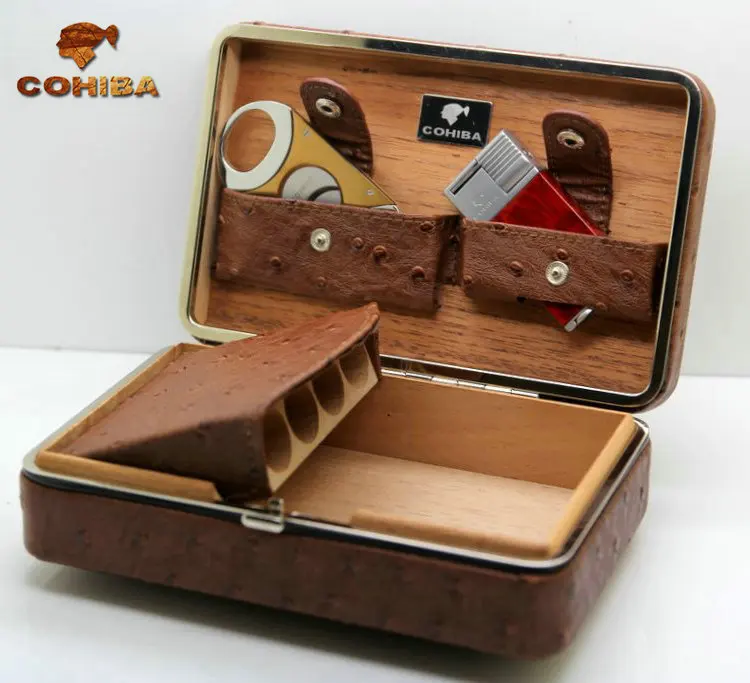 COHIBA натуральная кожа и кедровое дерево сигары набор в подарочной коробке(держать 4 шт. с зажигалкой и ножницами) сигары резак Humidors порт Куба Испания