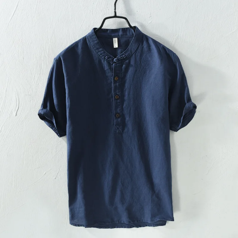 Рубашка мужская с воротником-стоечкой модная льняная сорочка короткими рукавами