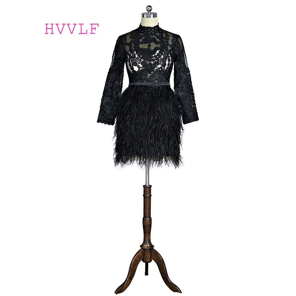 

Black Formal Celebrity Dresses Sheath Long Sleeves See Through Feather Lace Short Mini Famous Red Carpet Dresses