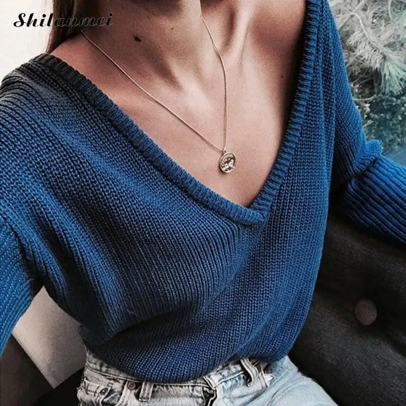

Deep V Neck Sexy Knitted Sweaters And Pullovers Women Autumn Winter Long Sleeve Solid Pink Yellow Blue Pull Femme Causal Sweater