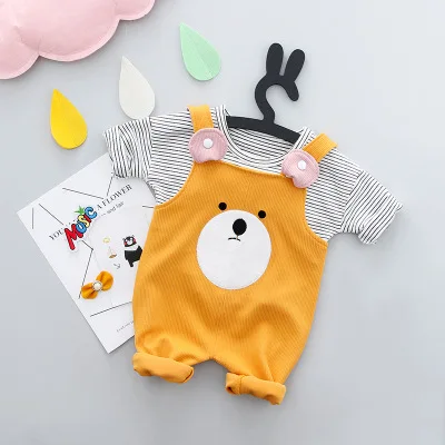Boys and girls spring new cartoon bear bib suit 0-3 years old baby striped | Детская одежда и обувь