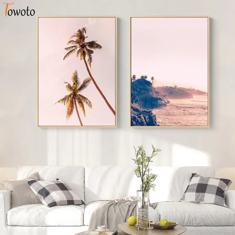 Seascape Canvas Painting Ocean Wave Art Print Palm Poster Pink Pastel Color Wall Decoration Pictures Coastal Decor | Дом и сад