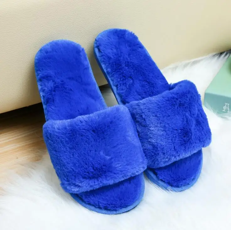 Women Slippers Winter Shoes Flat Sweet Home Slippers Woman Indoor Shoes Fur Warm Soft Slip On Black Pink Grey Female flip flops - Color: Blue