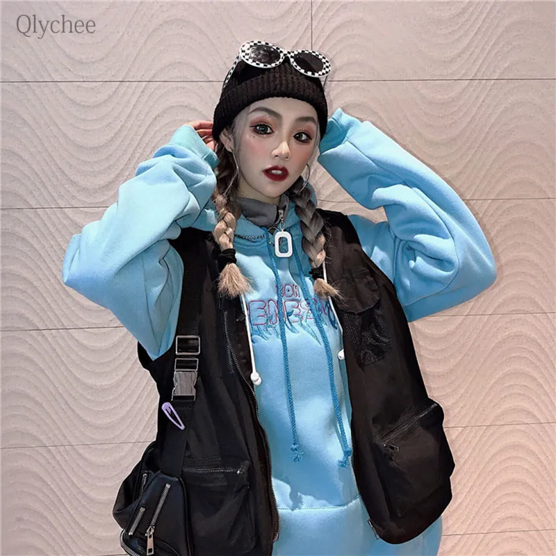 Qlychee письмо вышивка синий толстовки с капюшоном Женский длинным рукавом карман