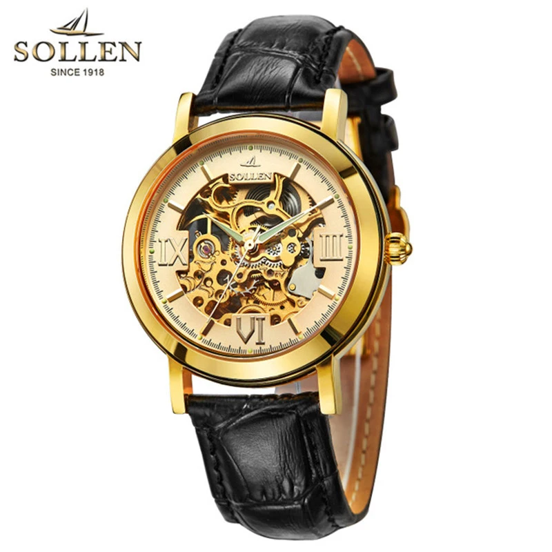 

SOLLEN New Fashion Mechanical Watch Men Skull Design Top Brand Luxury Golden Genuine Leather Strap Skeleton Man Auto Wrist Watch
