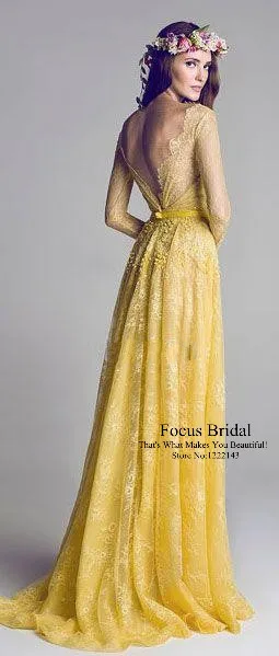 Free Shipping 2014 New Illusion Neckline Backless Yellow Lace A-Line Long sleeve Bridesmaid Dresses | Свадьбы и торжества