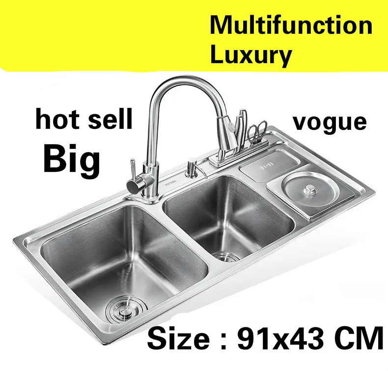 

Free shipping Apartment kitchen double groove sink vogue do the dishes food-grade 304 stainless steel hot sell 91x43 CM
