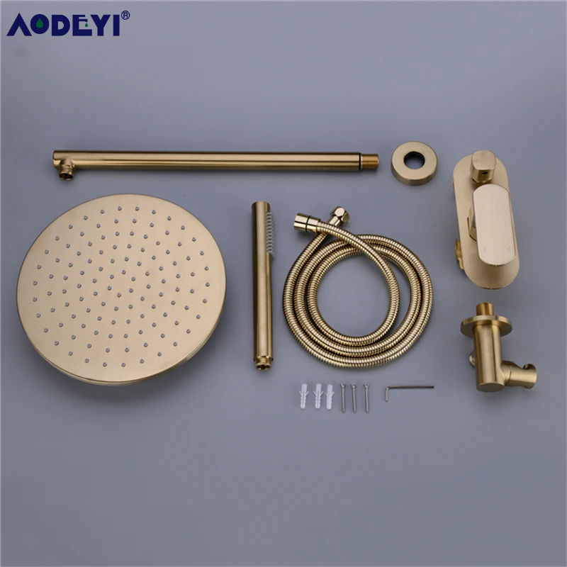

Solid Brass Bathroom Shower Set Rianfall Shower Head Shower Faucet System Wall Mounted Shower Arm Mixer Water Sets Brushed Gold