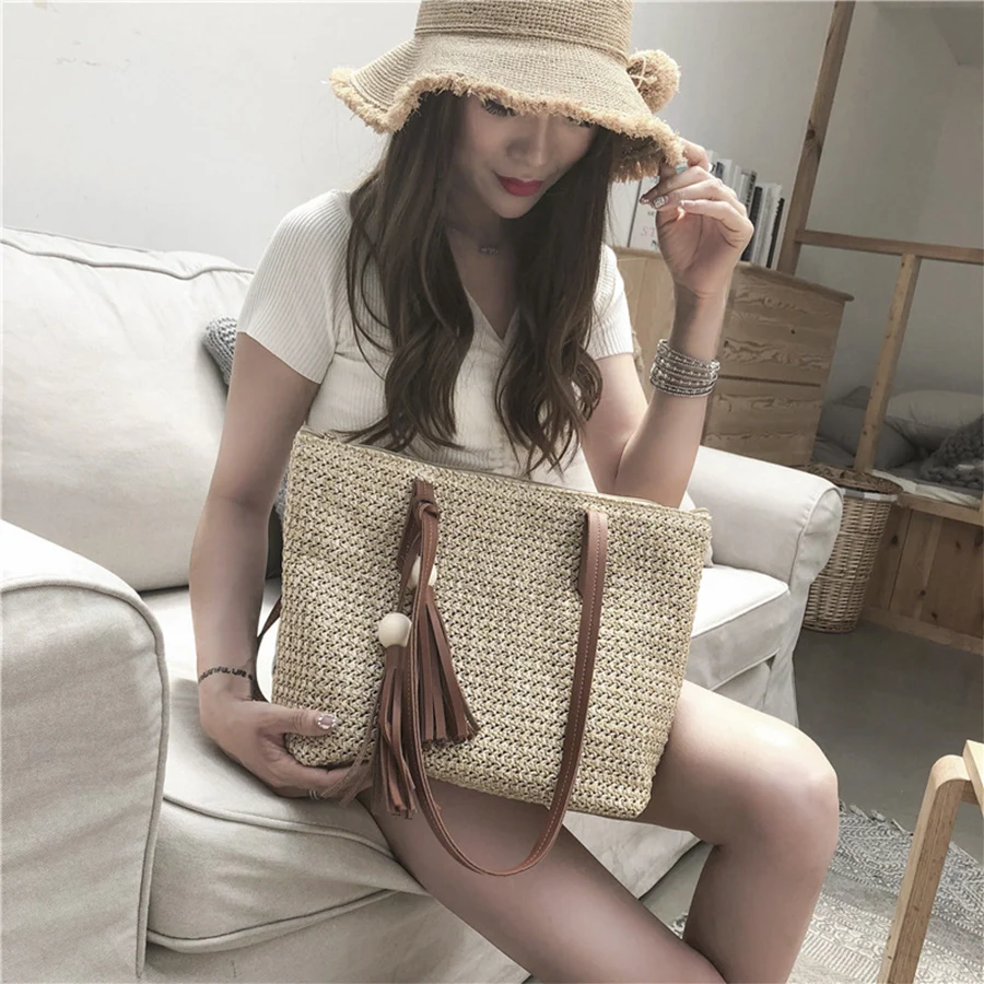 Женская Пляжная Сумка Bolso Mujer большая соломенная сумка на плечо с кисточками