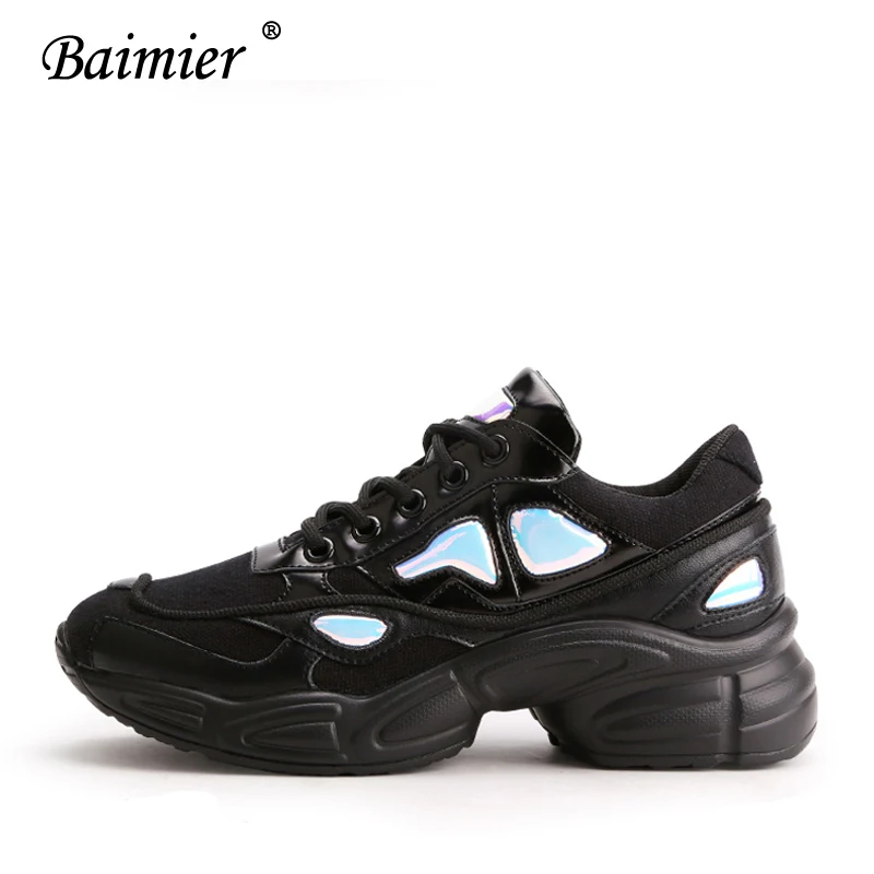 Black Sneakers Baimier/фиолетовые женские кроссовки со шнуровкой; обувь на массивной платформе; женская модная обувь для папы; женская прогулочная дышащая обувь из сетчатого материала - Цвет: Black Sneakers