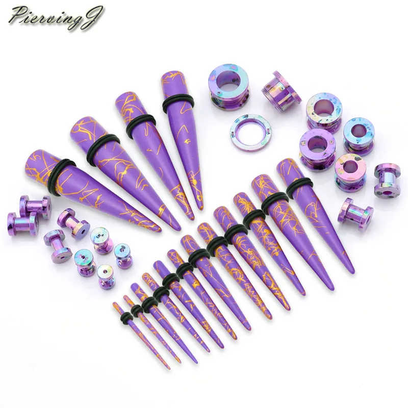 Purple set Piercingj 32 шт./компл. горячей акриловый уха датчика конус и пробка растяжения Наборы тоннель для расширения, бижутерия для пирсинга, 12G-00 г - Окраска металла: Purple set