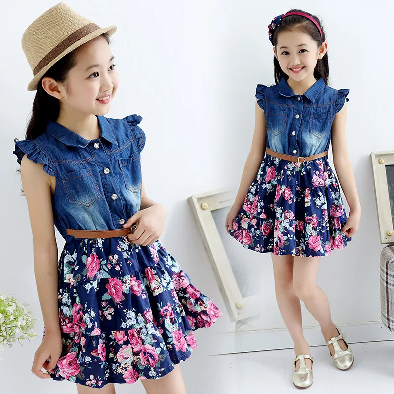 Платья для девочек летнее джинсовое платье с цветочным рисунком одежда