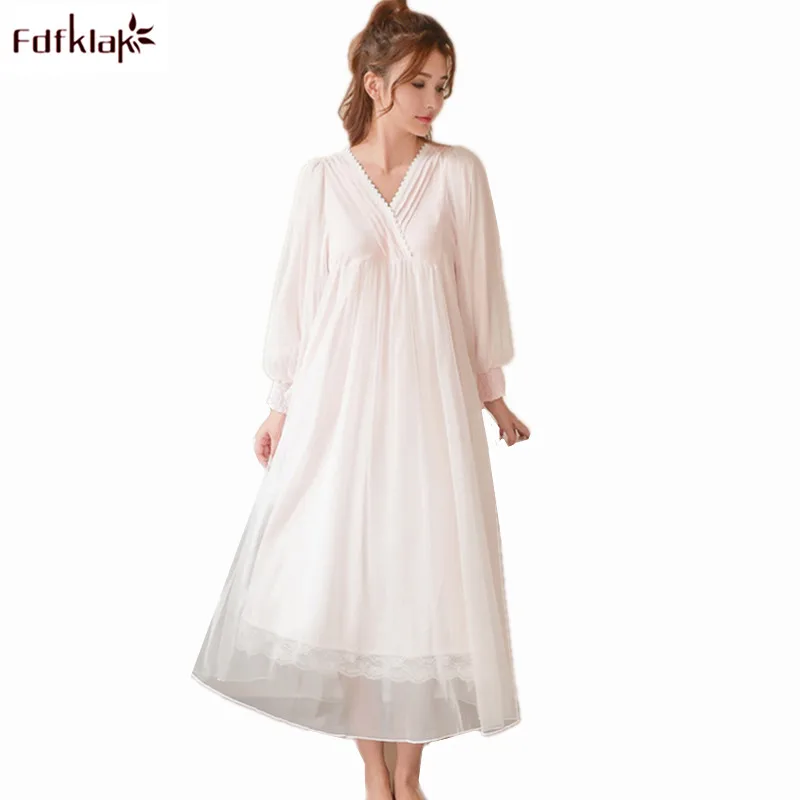 Fdfklak New High Grade White Nightgown Princess Long Sleeve Nightdress Ladies Sleepwear Dress Spring Summer Women Nightwear | Женская