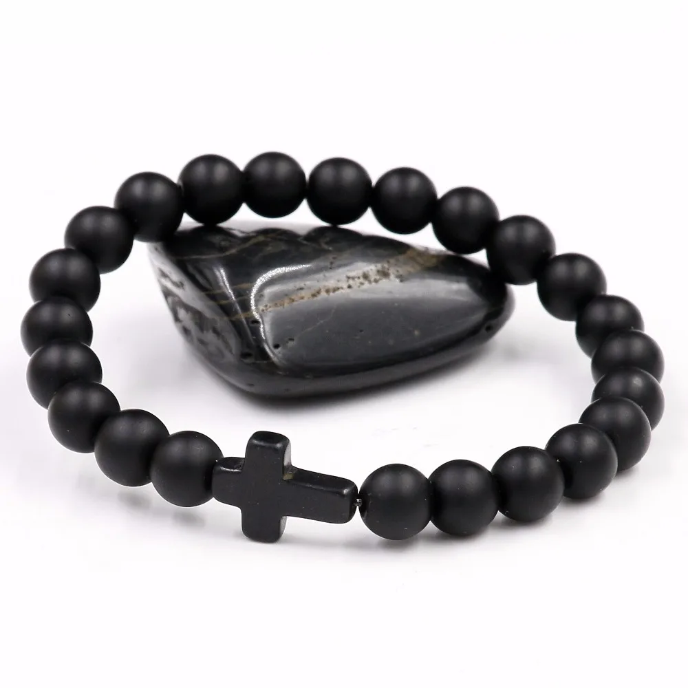 Мужские и женские матовые бусины с крестиком 8 мм натуральный черный камень