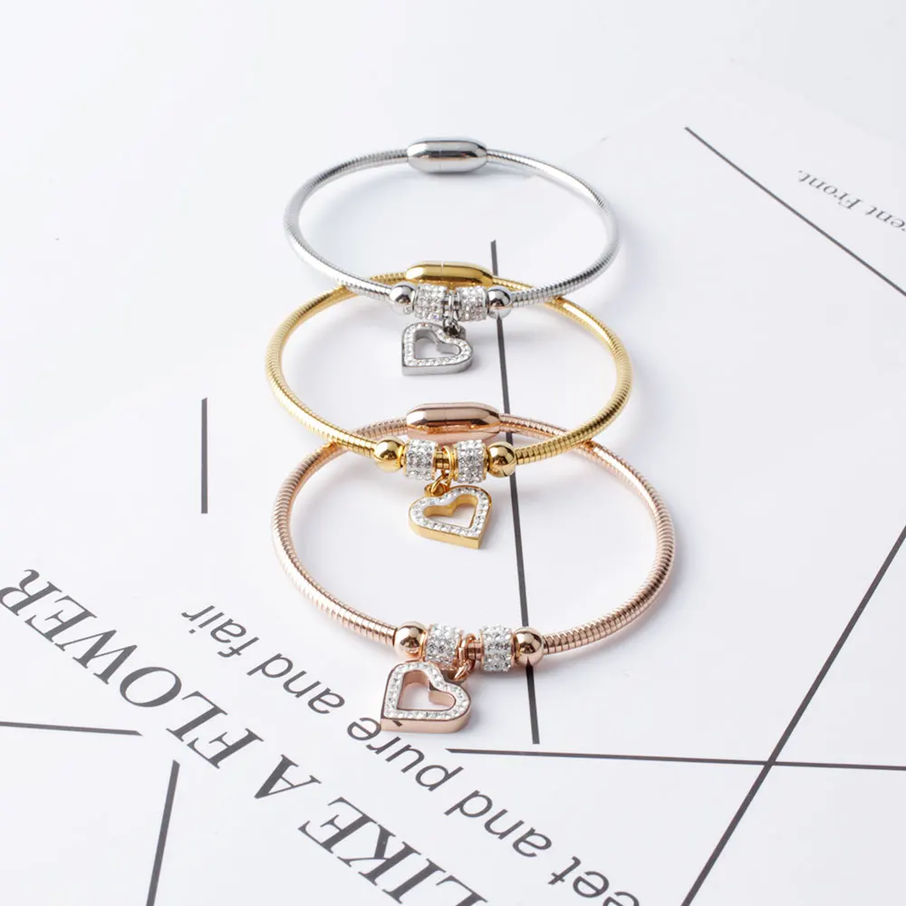 FINE4U B110 Luxury Love Heart Charm Bracelets 316L Stainless Steel Snake Chain Bracelet &amp Bangle Magnet Clasps | Украшения и