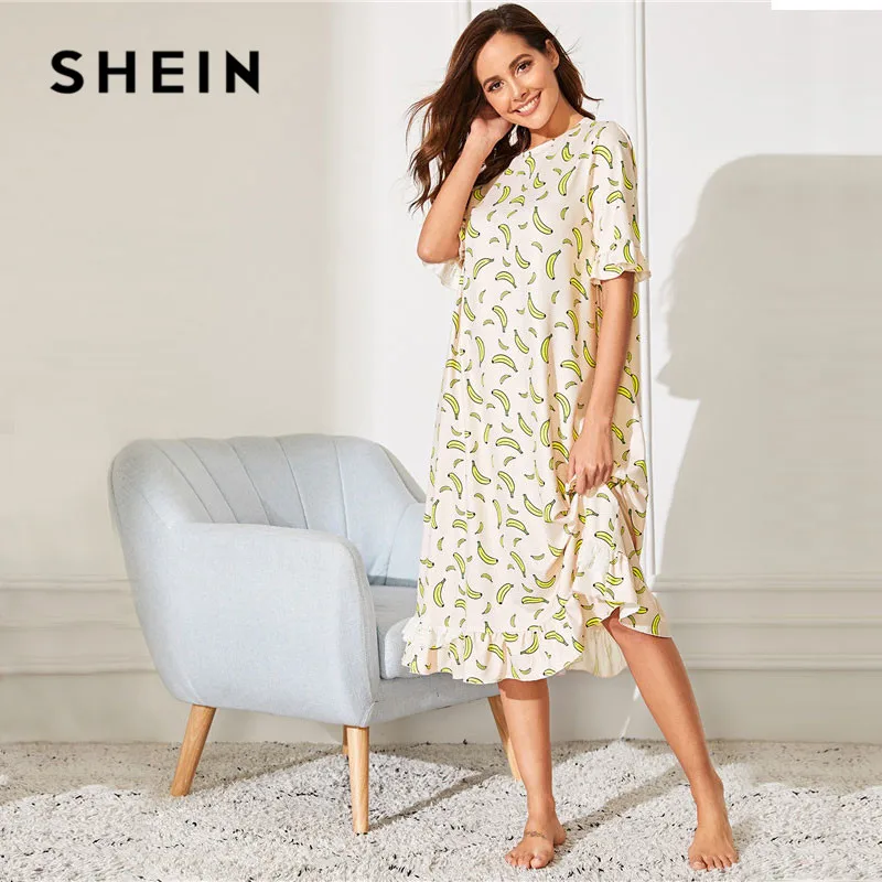 SHEIN Ночная Рубашка С Принтом Банан И Оборками, Длинная Ночная Рубашка С Принтом