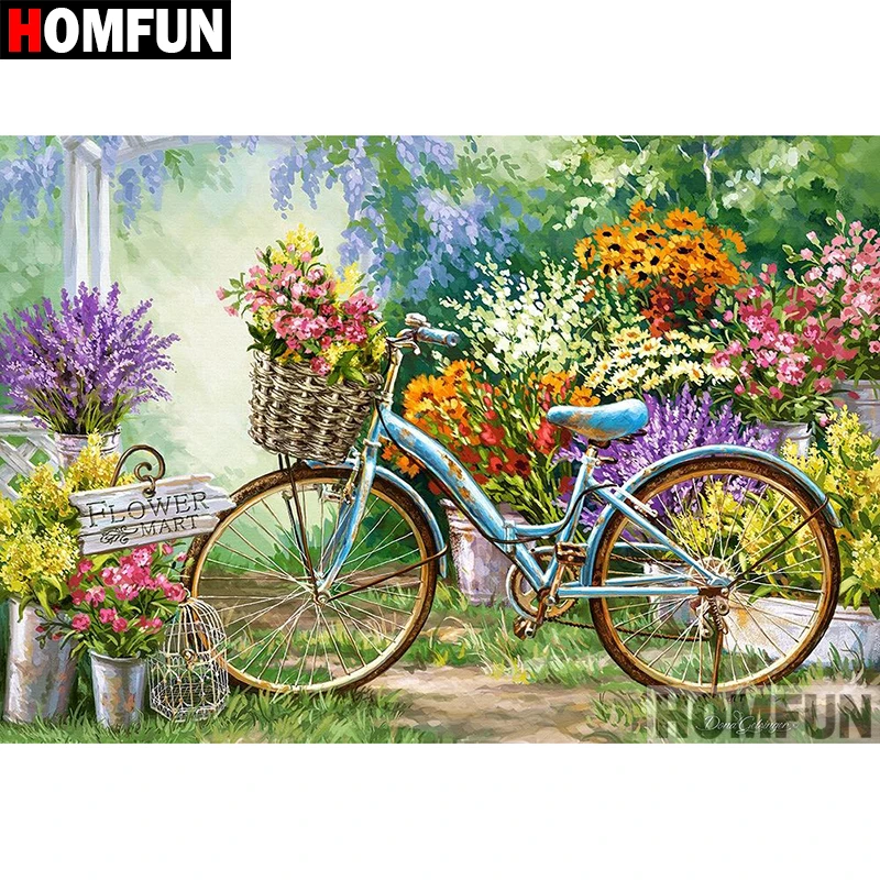 Алмазная живопись HOMFUN A03957 полноразмерная/круглая вышивка цветок велосипед