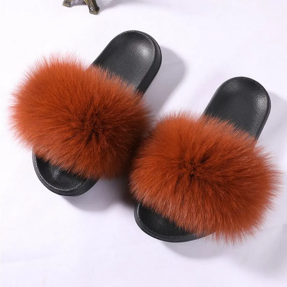 caramel color FXFURS/Новинка года; женские тапочки с натуральным лисьим мехом; летние модные меховые сандалии; обувь из пушистого плюша; Вьетнамки с мехом енота; Домашние шлепанцы - Цвет: caramel color