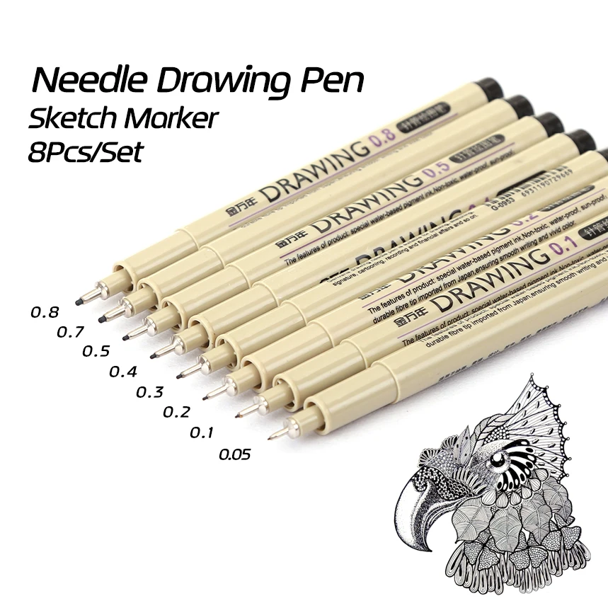 

8Pcs/Lot Pigma Micron Sketch Marker Pen Black Pigment Liner Neelde Drawing Pen For Drawing Sketching Writing Hook Art Pen