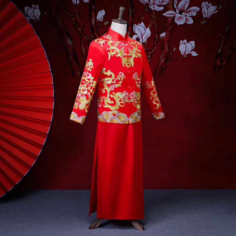 Мужской красный cheongsam тост костюмы жениха платье куртка длинное Традиционный