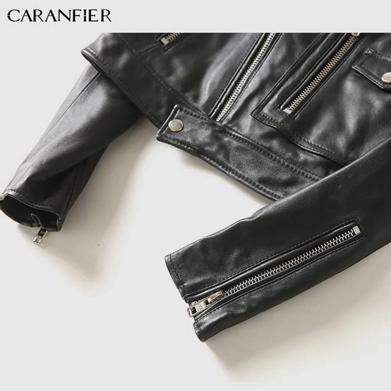 CARANFIER Женская Натуральная овечья кожа куртки мотоциклетная куртка из