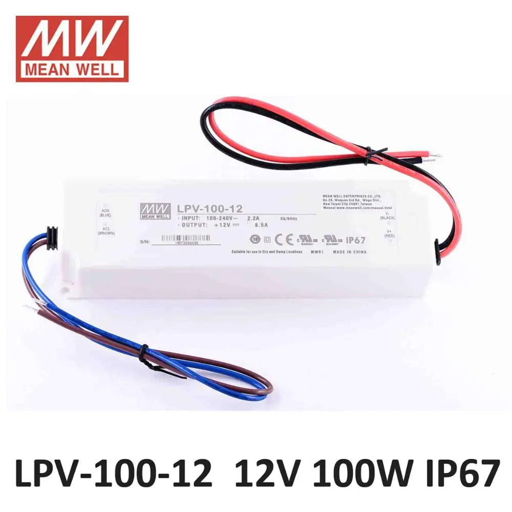 

MEANWELL LPV-100W DC 12 В 24 В Светодиодный источник питания водонепроницаемый 5 В 15 в 36 В изолированный пластик IP67 90 ~ 264VAC Вход светодиодный драйвер 48VDC UL CE