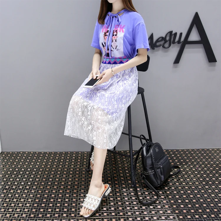 xl - 5xl lady printed T-shirt two-piece lace skirt loose fashion female sets hollow out K94 | Женская одежда