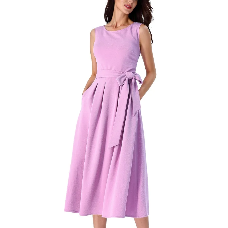 Light Purple 1 Женский vfemage Элегантный Винтаж печати Карманы поясом офис бизнес повседневное вечерние партии Fit and Flare чай трапециевидной формы миди платье 1752 - Цвет: Light Purple 1