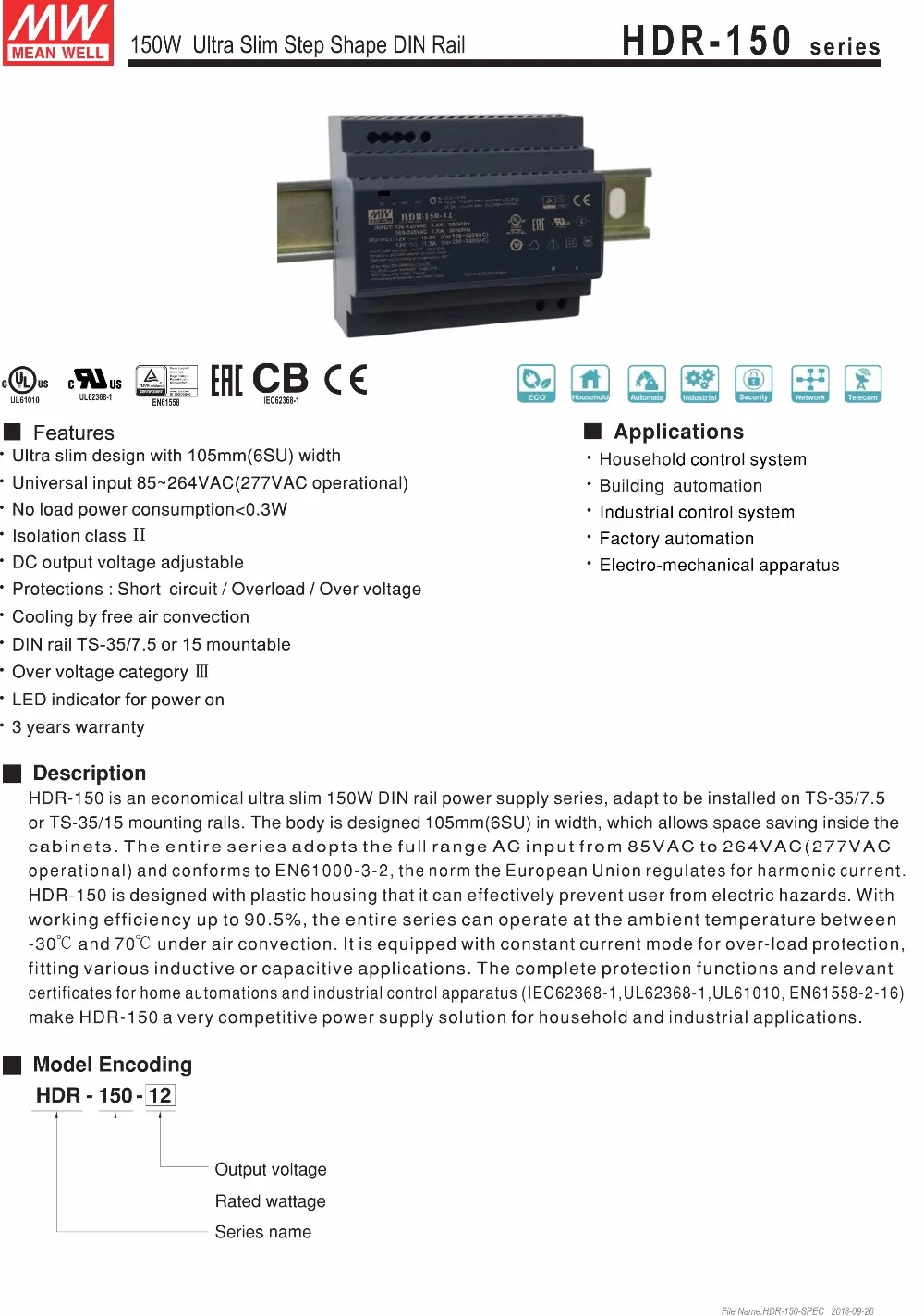 12V 15V 24V 48V MEAN WELL 150 Вт 11.3A 9.5A 6.2A 3.2A промышленные на din-рейку Питание HDR-150-5 HDR-150-12 HDR-150-15 HDR-150-24