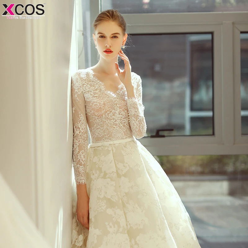 Винтажный бежевый свадебный наряд 2018 бальное платье с длинными рукавами