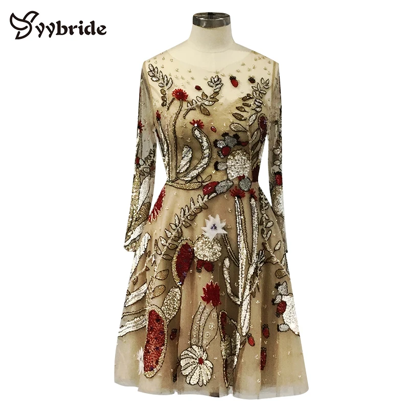 

Surmount Customized Long Sleeves Colofully Beading A-line Backless Cocktail Dresses V-Neck Formal Party Dresses vestido de noche