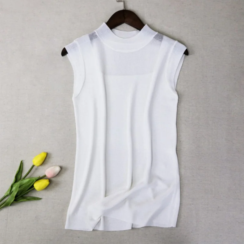Белый Женская Ice Silk трикотажная тонкая Однотонная рубашка без рукавов с круглым вырезом элегантные женские блузки Летняя мода Женский Повседневный Топ один размер - Цвет: Белый