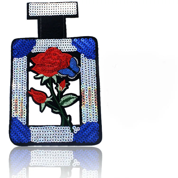 Perfume Bottle with flower Sequined Patches Iron on for Clothes stickers sew applique fabric embroidery 2pcs | Дом и сад