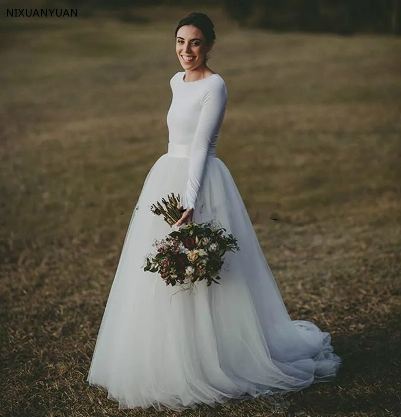

Простой Свадебные платья в стиле кантри с длинным рукавом, недорогое мягкое Тюлевое А-образное свадебное платье, свадебные платья на заказ