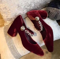 new fashion mary janes vintage velvet high heel shoes square toe crystal embellished woman thick heels shoes ankle strap pumps