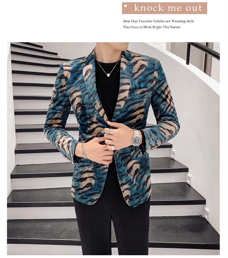 Plyesxale Leopard Blazer Для мужчин Slim Fit Для мужчин s бархат пиджаки зеленый человек Повседневный Блейзер Куртка сценическое платье на выпускной Q155