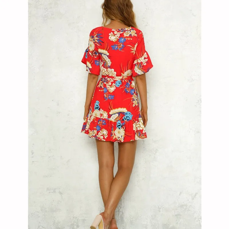 

Women Boho Floral Printed Chiffon Dress Frauen Elegant Pretty Ruffles Vestido Summer Butterfly Sleeve Party Short Dress Sundress