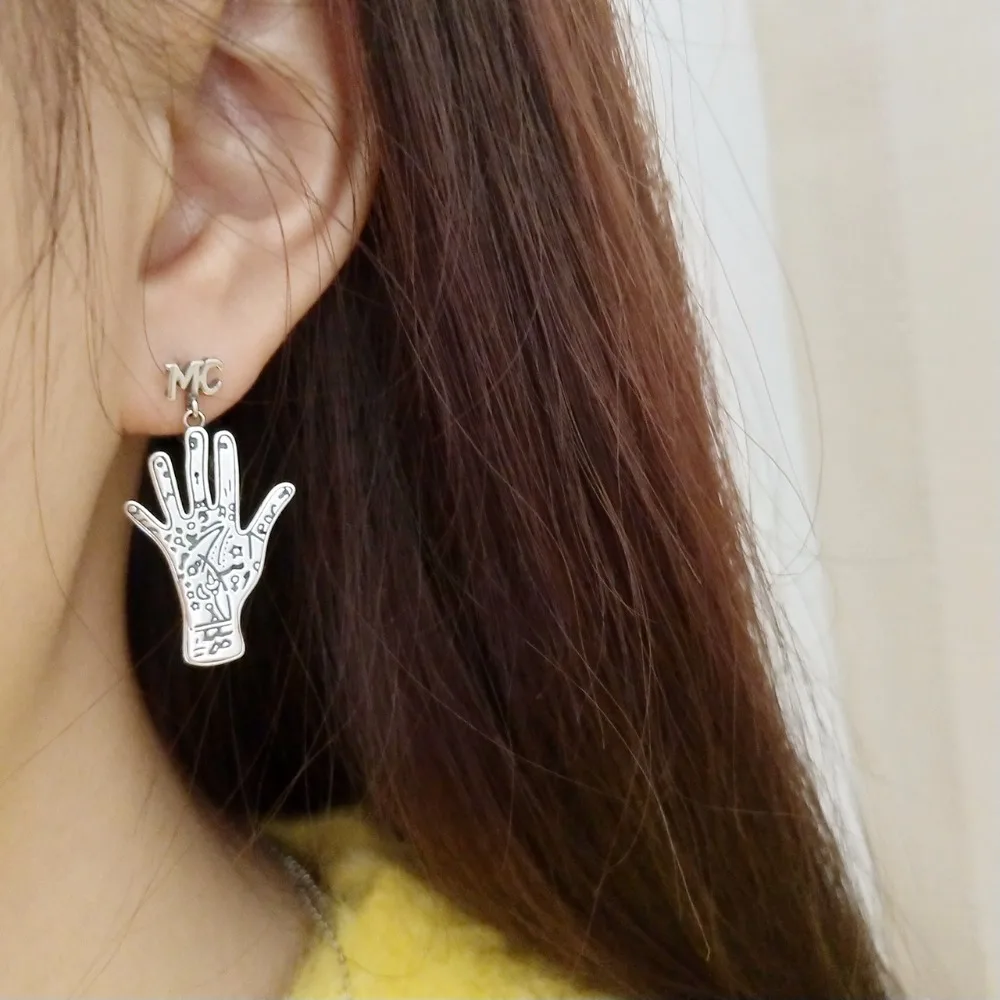 Fate palm asymmetric silver earrings 925 sterling fate line do old vintage design wild stud women jewelry | Украшения и
