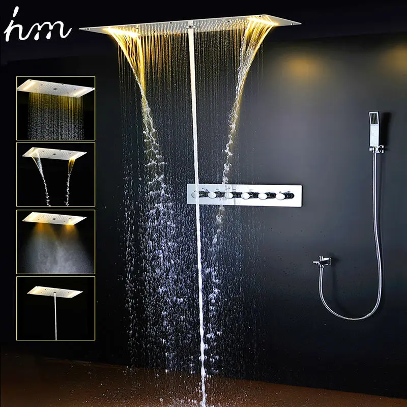 

hm Concealed Thermostatic Shower Set SUS304 Mirror Panel With LED Showerhead 380x700 Rainfall Mist Spray Waterfall Water Column