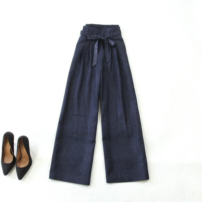 Women's suit set winter new large size Tibetan blue herringbone Slim long-sleeved suit wild high waist wide leg pants suit