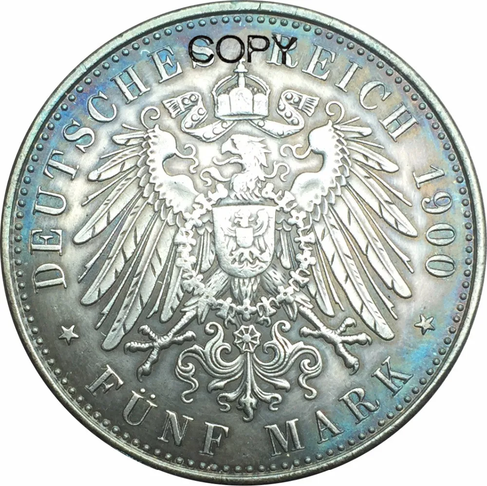 Немецкие Штаты 1900 император король Пруссии 5 Mark Wilhelm II Мельхиор посеребренные копии монет