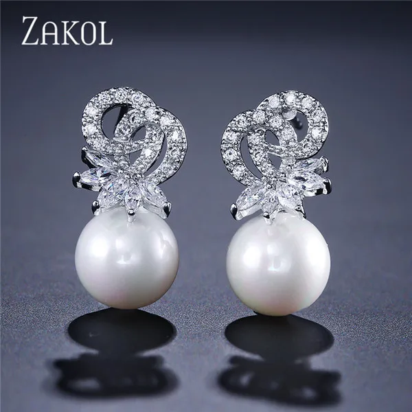 White ZAKOL, классические серьги-гвоздики с искусственным жемчугом и цирконием для женщин, Роскошные вечерние серьги-гвоздики с кристаллами для невесты - Окраска металла: White