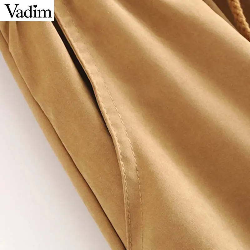 Vadim women retro brown mid calf skirt faldas mujer elastic waist drawstring tie pockets pleated female casual midi skirts BA488 | Женская