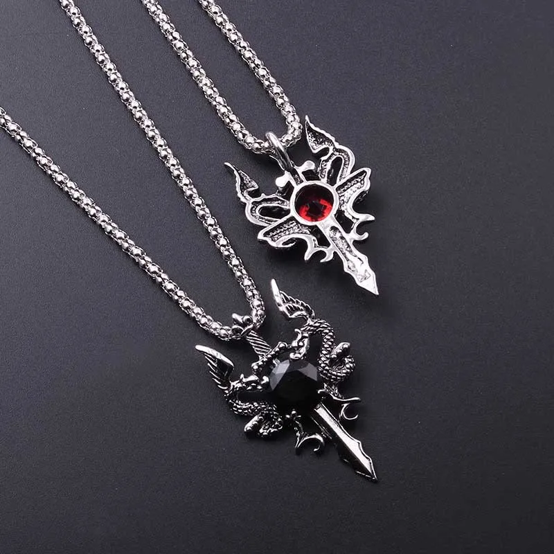 2020 в стиле панк Рок меч дракон кулон ожерелье красный/черного цвета с украшением
